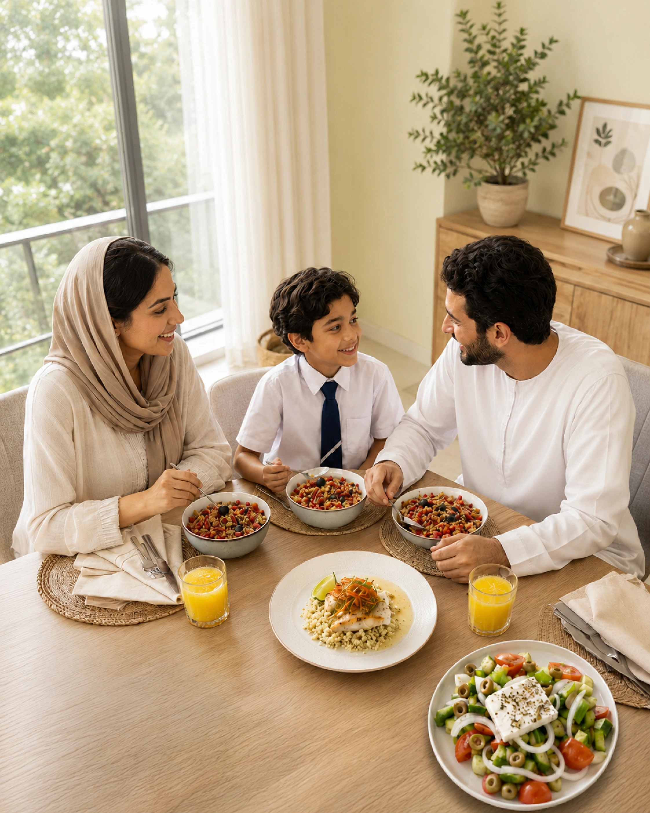BLite Back to School — healthy meals for you and free school lunches for your child, with an Emirati family enjoying breakfast together